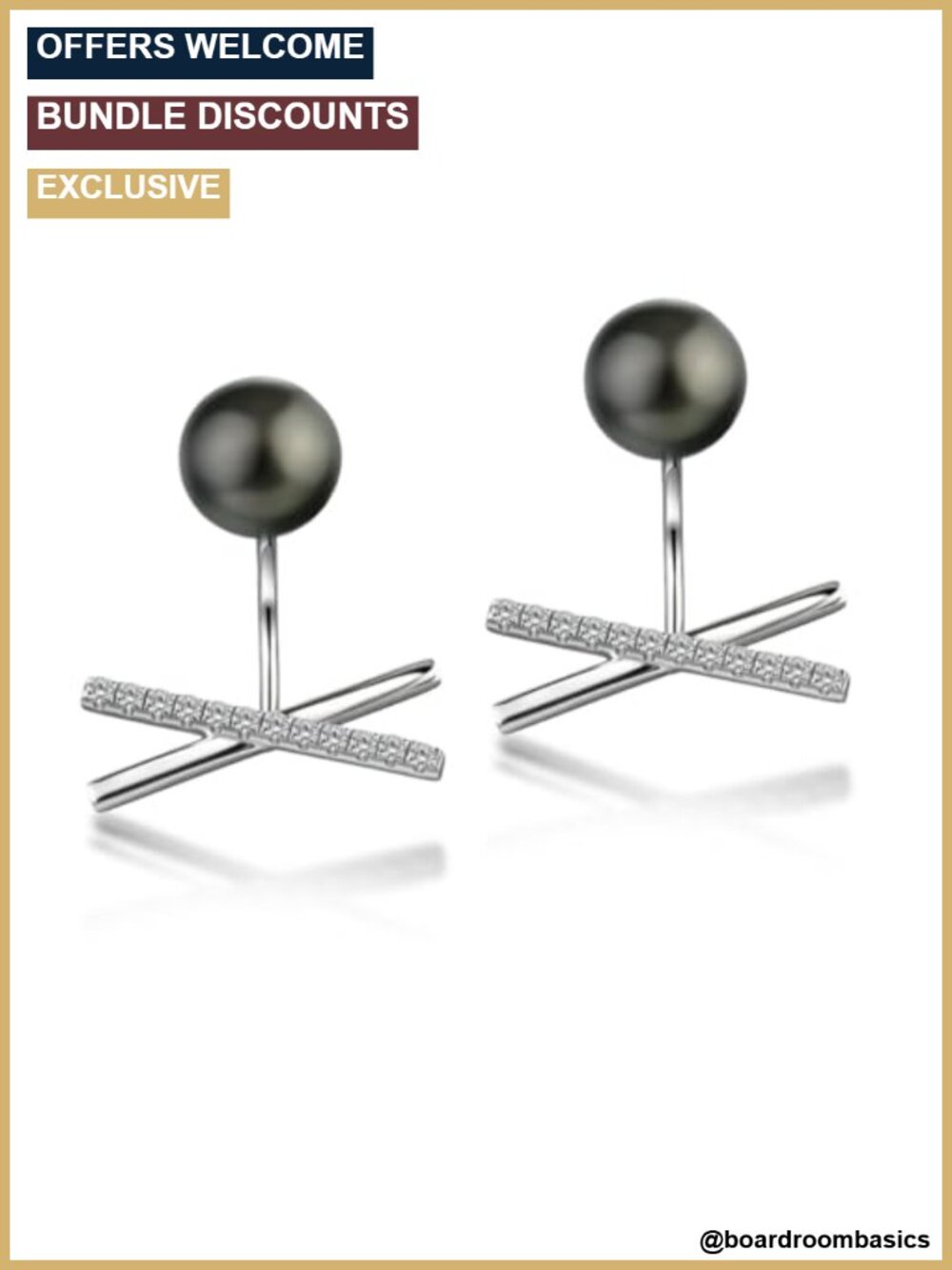 Tahitian Black Pearl Moissanite Tidal Cross Stud Earrings 925 Sterling Silver